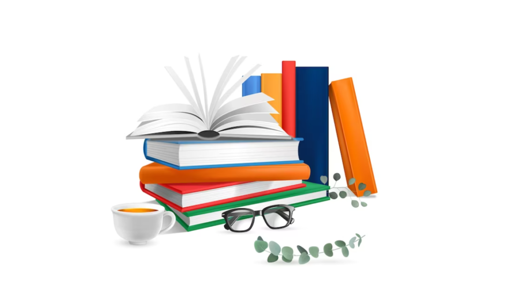 books, coffee, and glasses on the table with white background