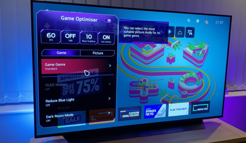 game optimizer - lg c2 OLED screen and neon light near tv